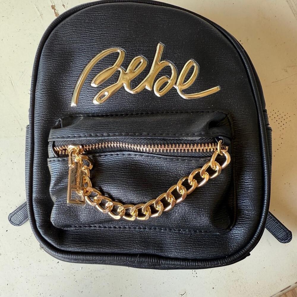 Bebe Black Mini Backpack Gold Logo Chain Faux Leather Small Fashion Bag NWT